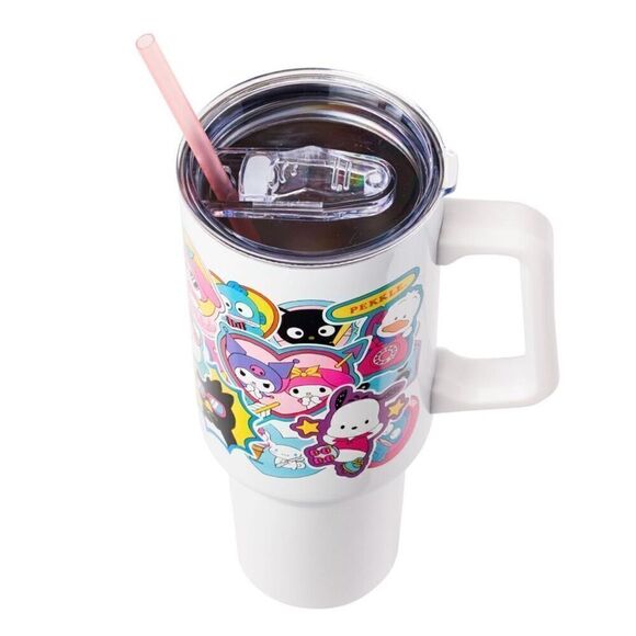 Hello Kitty Sanrio 40oz Tumbler w/ Handle & Straw Sticker Collage Design - Picture 4 of 15